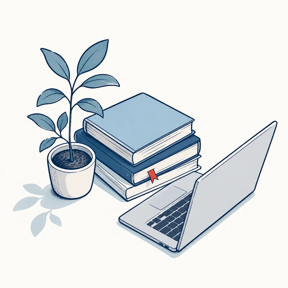 技術書と植物が並ぶ、学びと成長を表すイラスト