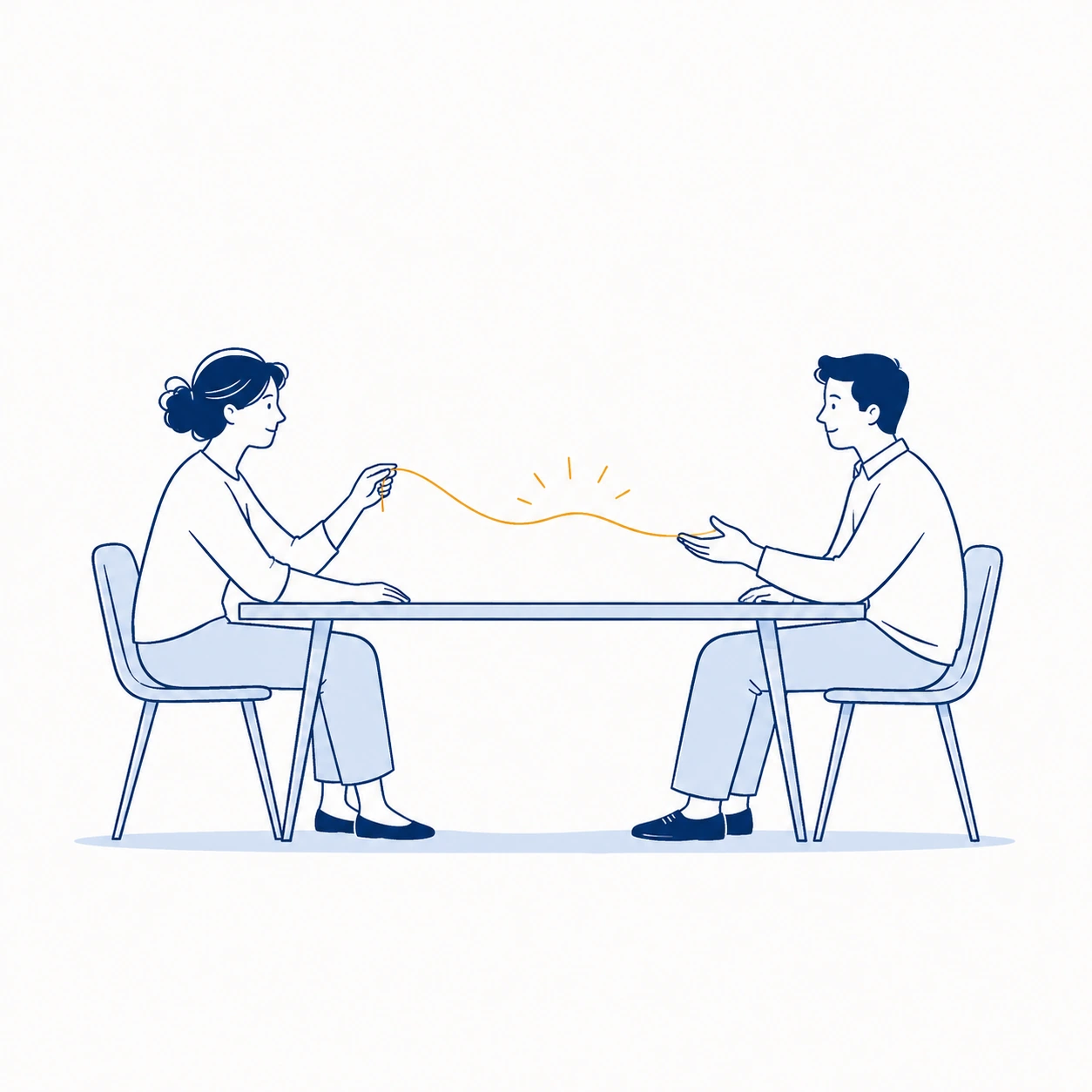 テーブルを挟んで対話する二人と、両者をつなぐ小さな赤い火花 — お客さまと並走して変化を生むDXのイラスト