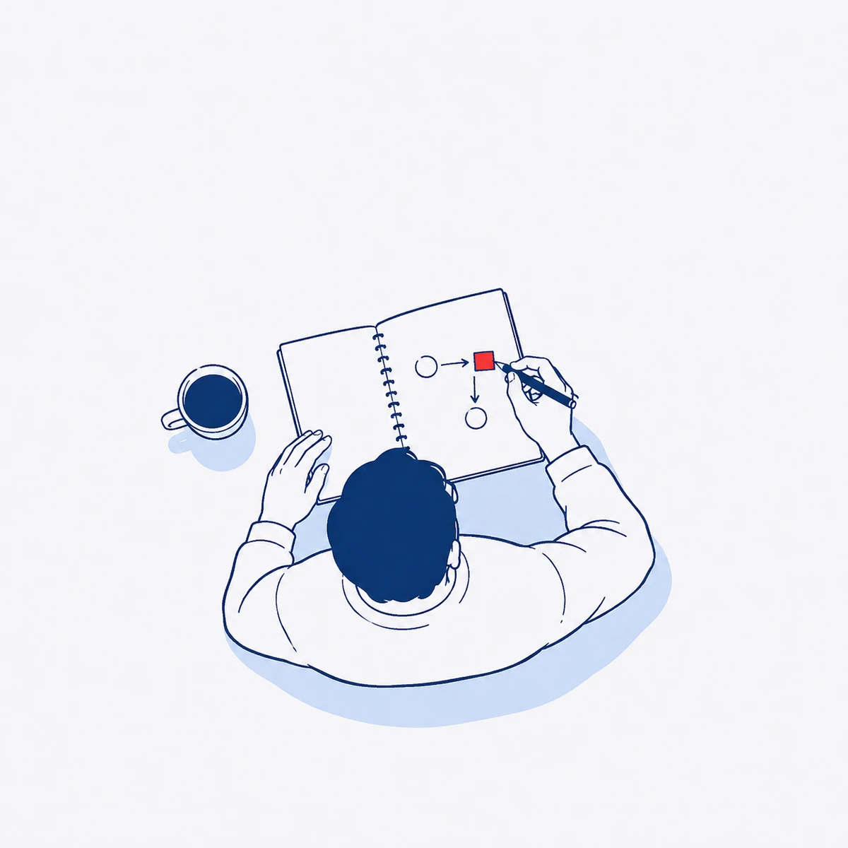 俯瞰視点で、ノートに業務の流れを書き込みながらシステムを設計するエンジニアのイラスト