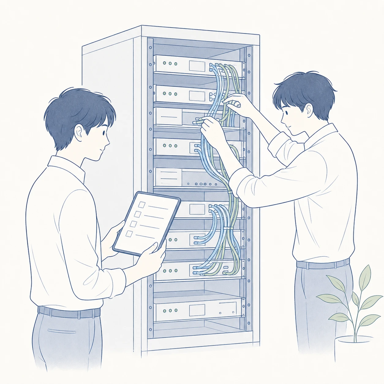 エンジニア2人がサーバーラックを点検し、ケーブルを整えるイラスト — 構築だけでなく、運用・保守でシステムを支え続ける姿勢を表現