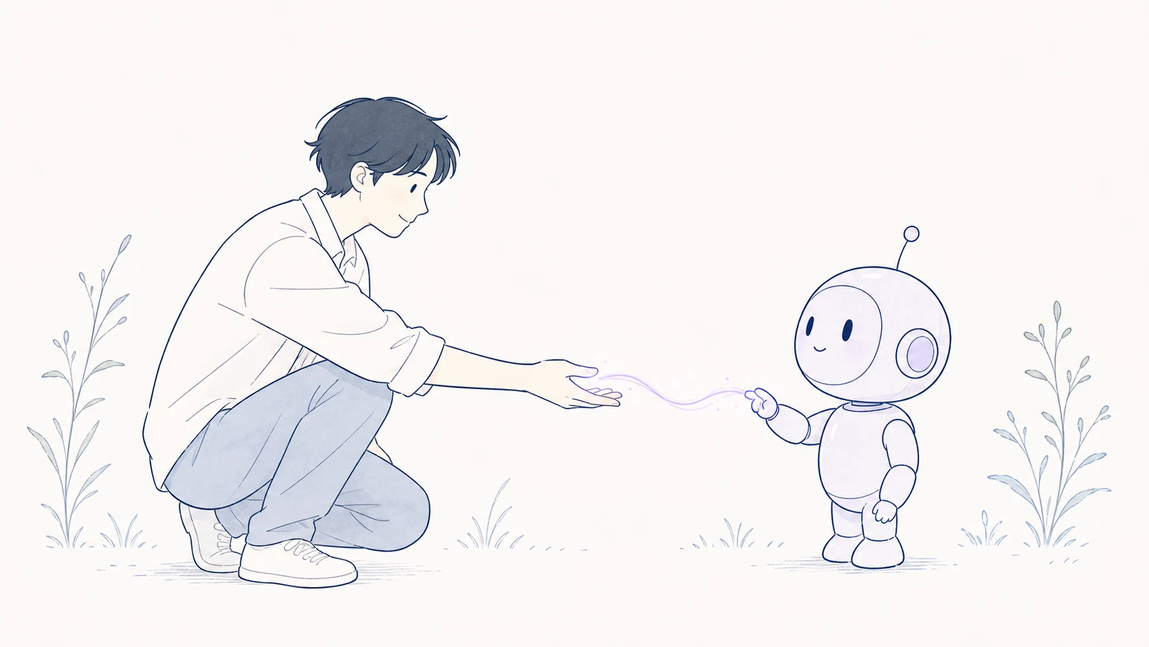 AI活用・自動化支援のイラスト — 人とロボットが手を差し伸べ合い、ラベンダーパープルの光の糸で繋がる場面