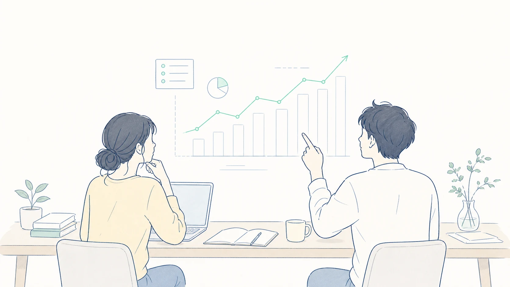 データ活用・分析のイラスト — デスク上に浮かぶ細線のグラフを見つめる二人と、ミントグリーンに光るハイライト線