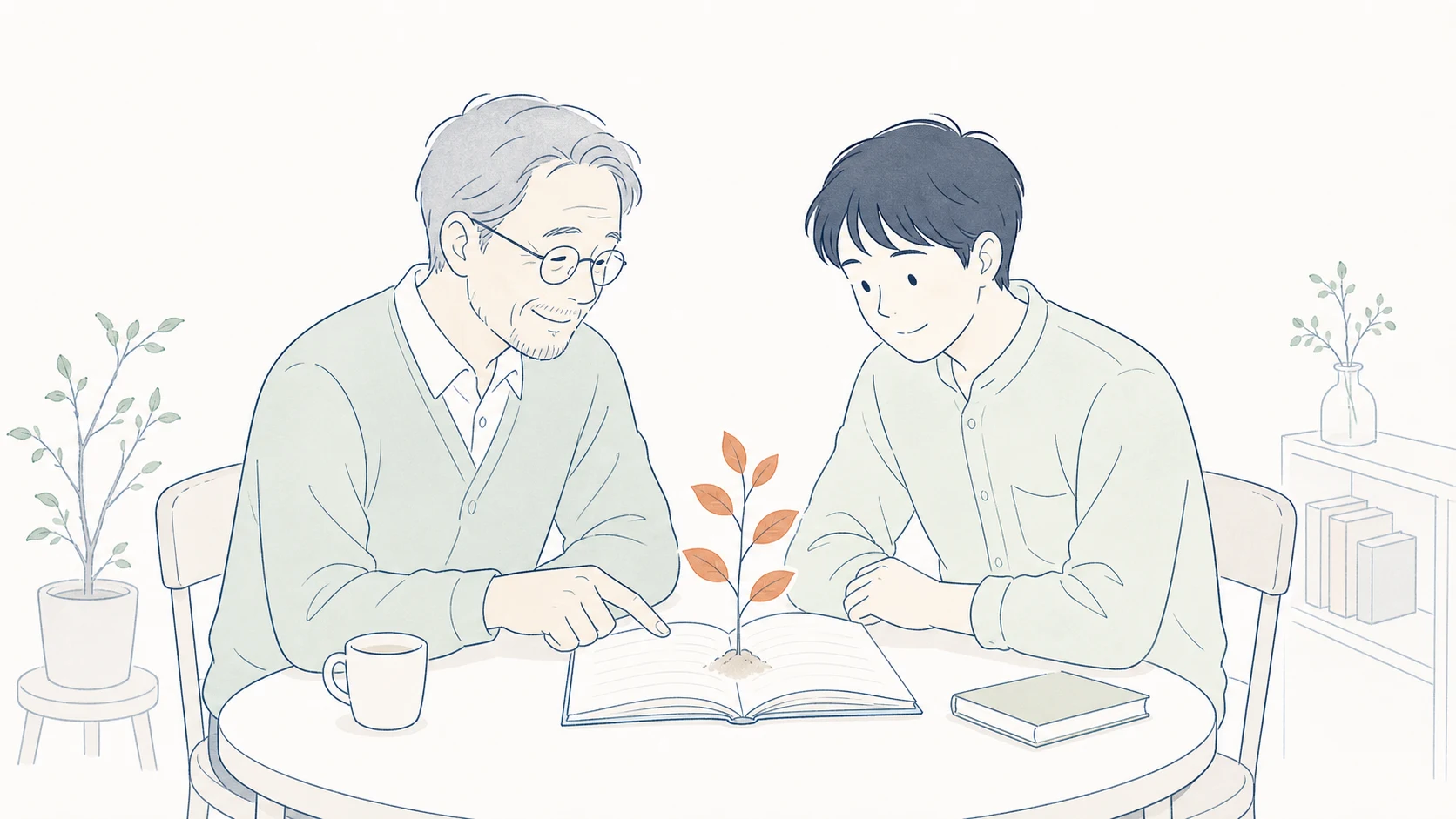IT人材確保・育成支援のイラスト — 先輩と後輩がノートを覗き込み、テラコッタオレンジの新芽が紙から伸びる場面