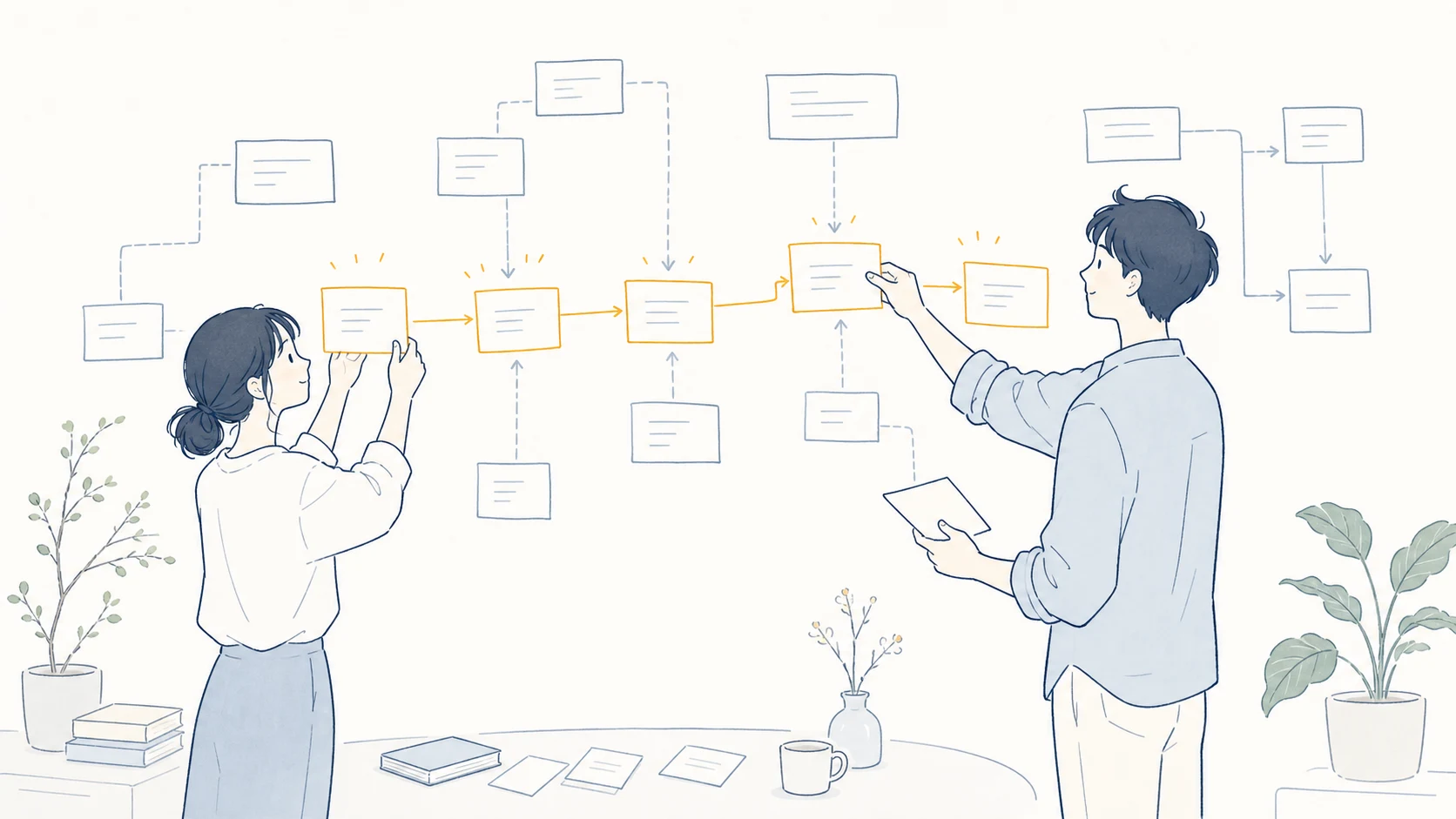 業務プロセス改革・効率化のイラスト — 壁の業務フローを並べ替える二人と、滑らかに繋がっていく金色のライン