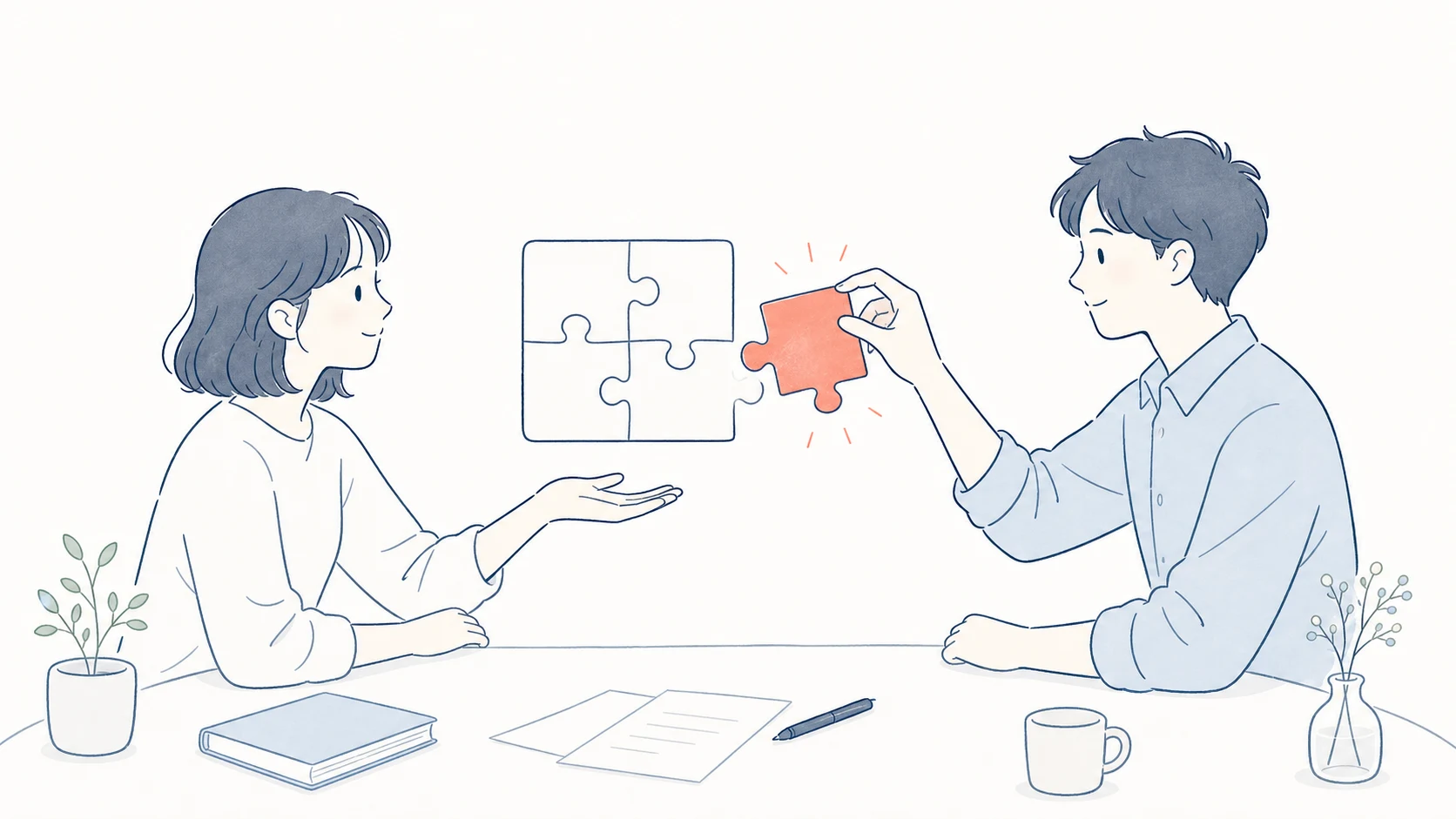 システム導入・最適化支援のイラスト — テーブル越しにパズルピースを差し出し合う二人と、コーラルピンクに光るピース