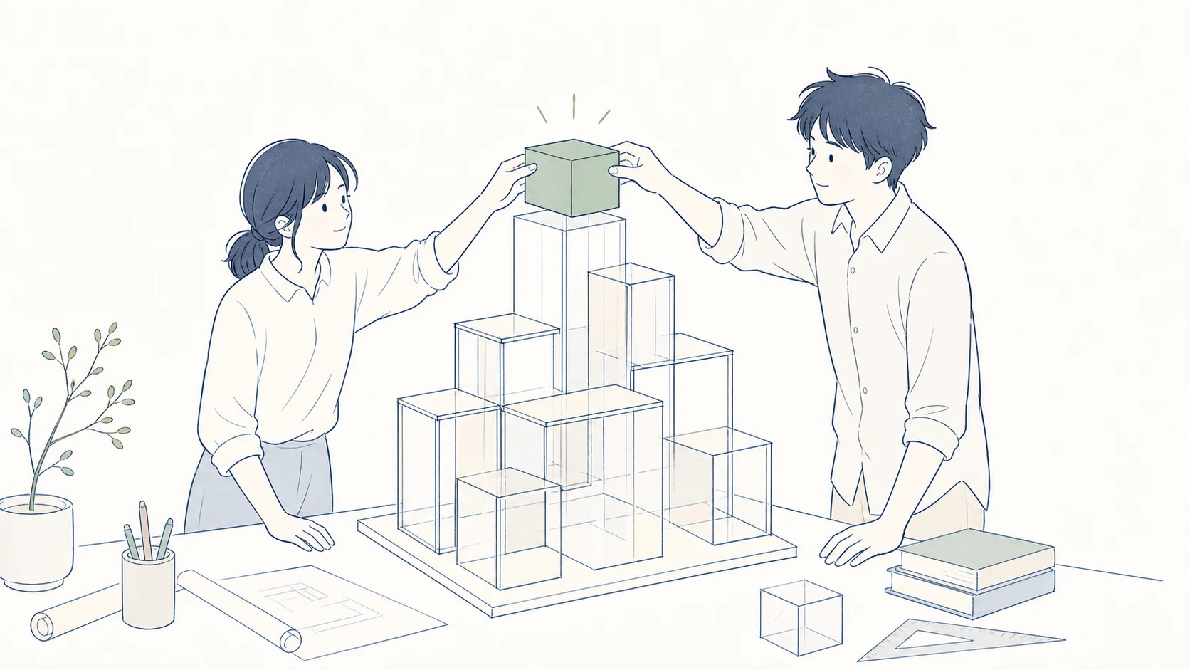 業務システム構築のイラスト — 卓上に細線のアーキテクチャを積み上げ、最後のセージグリーンのブロックを置く二人