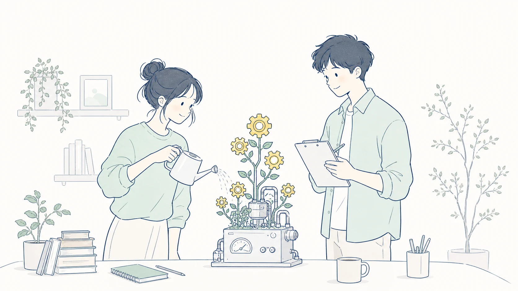システム保守・運用のイラスト — 機械の植木に水をやる人と、バターイエローの歯車の花が咲く場面