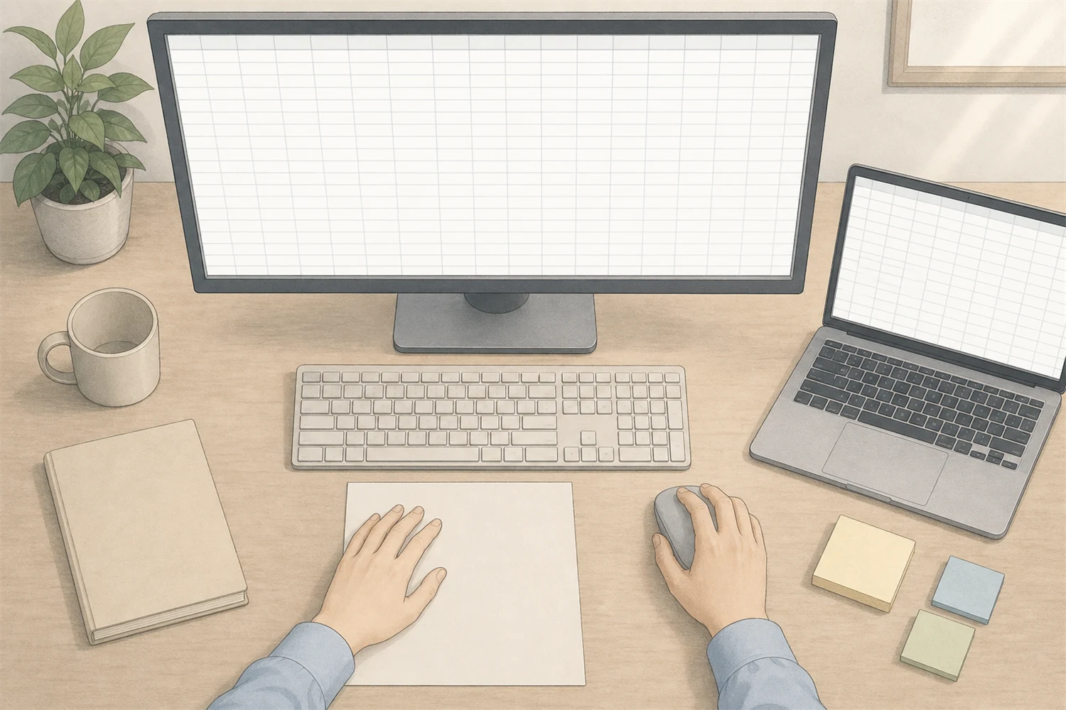 表計算ソフトのモニタを操作する手元のイラスト