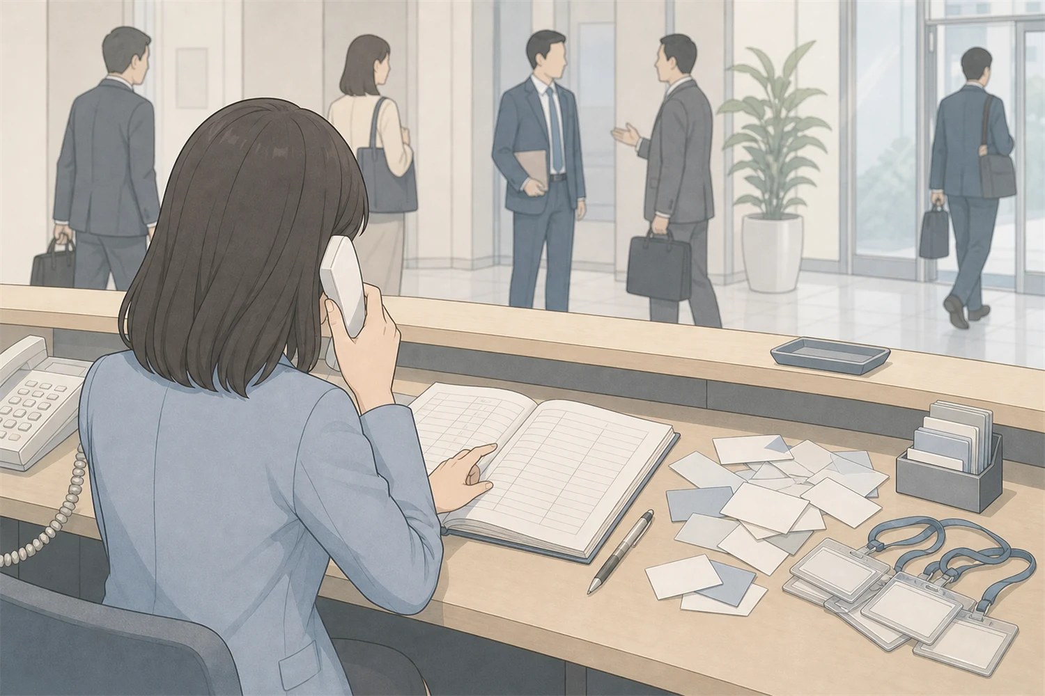 多忙な受付カウンターのイラスト