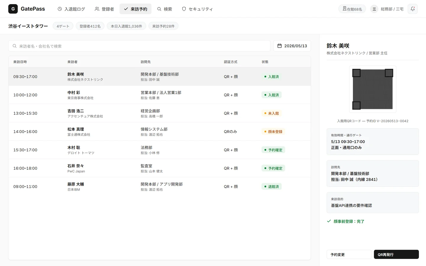 来訪予約画面 — 予約一覧と、選択予約のワンタイムQR・顔事前登録・有効時間窓を表示するドロワー