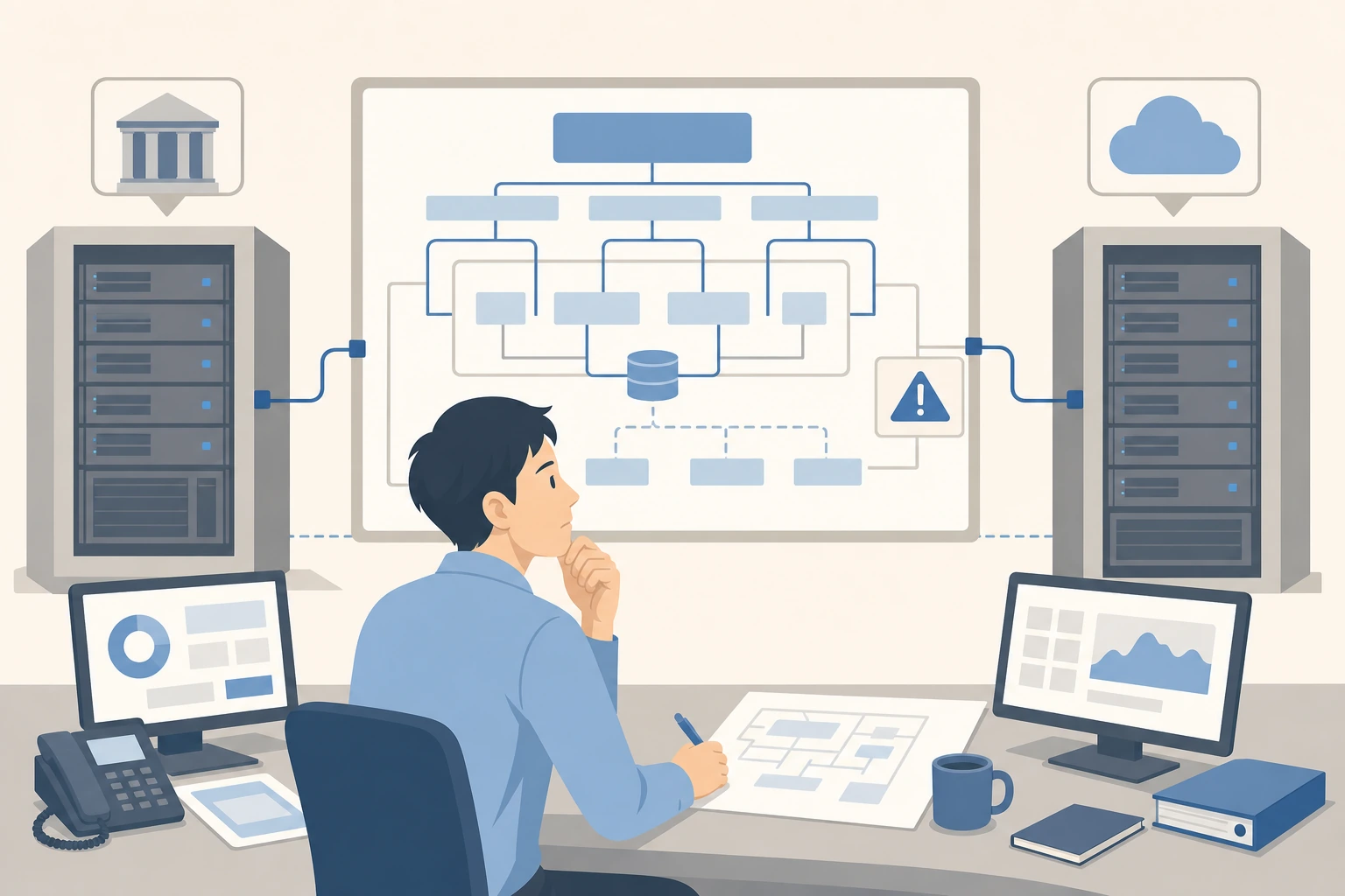 古い可用性とDR構成をアーキテクチャ図で見直す銀行システム担当者のイラスト