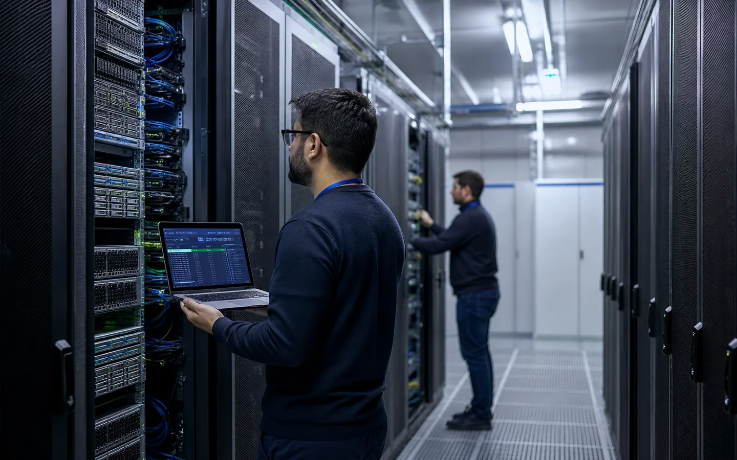 データセンターの通路でエンジニアがノートPCを手にサーバー移行作業をする写真