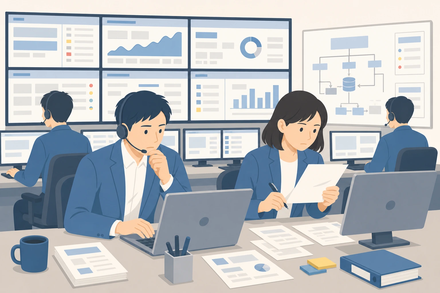 本番障害を業務継続と原因究明を並行しながら収束させる運用チームのイラスト