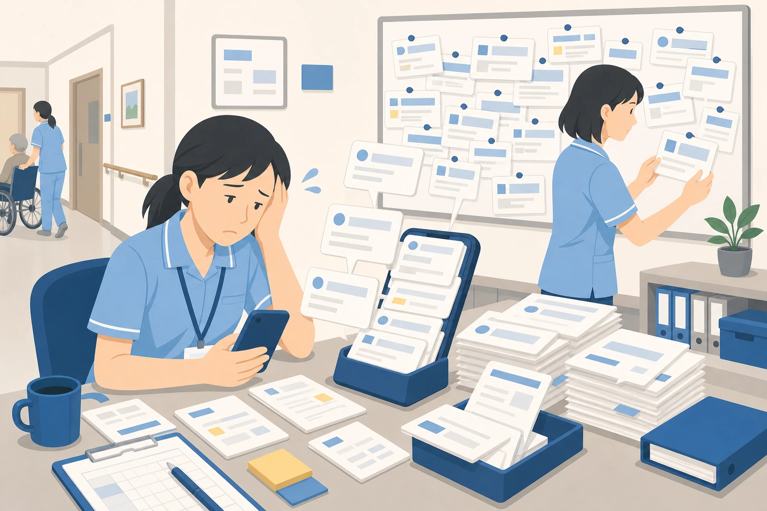 通知カードが増えすぎて重要なサインが埋もれ、疲弊する介護スタッフのイラスト
