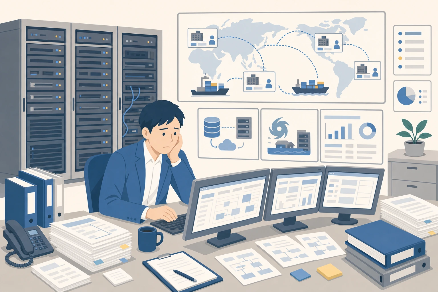 海外拠点連携やDRや監視を含むオンプレ運用負荷に悩む担当者のイラスト