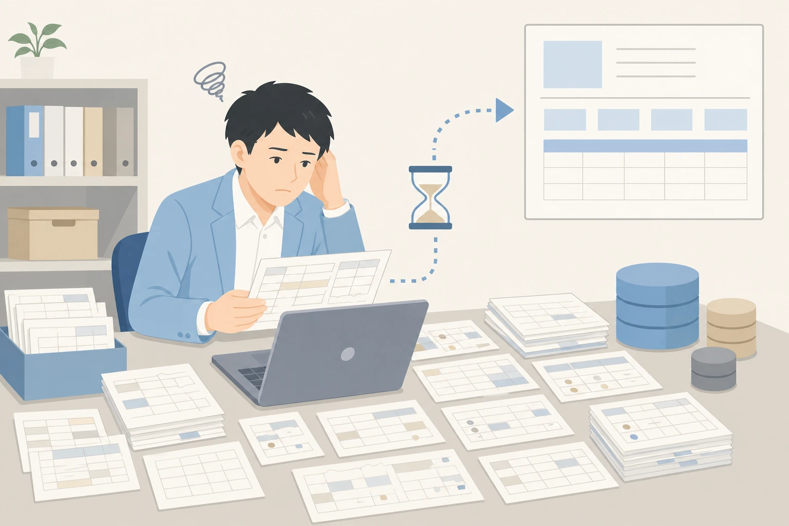 欠損や重複や粒度違いのある学習データの前処理で作業が止まっている担当者のイラスト