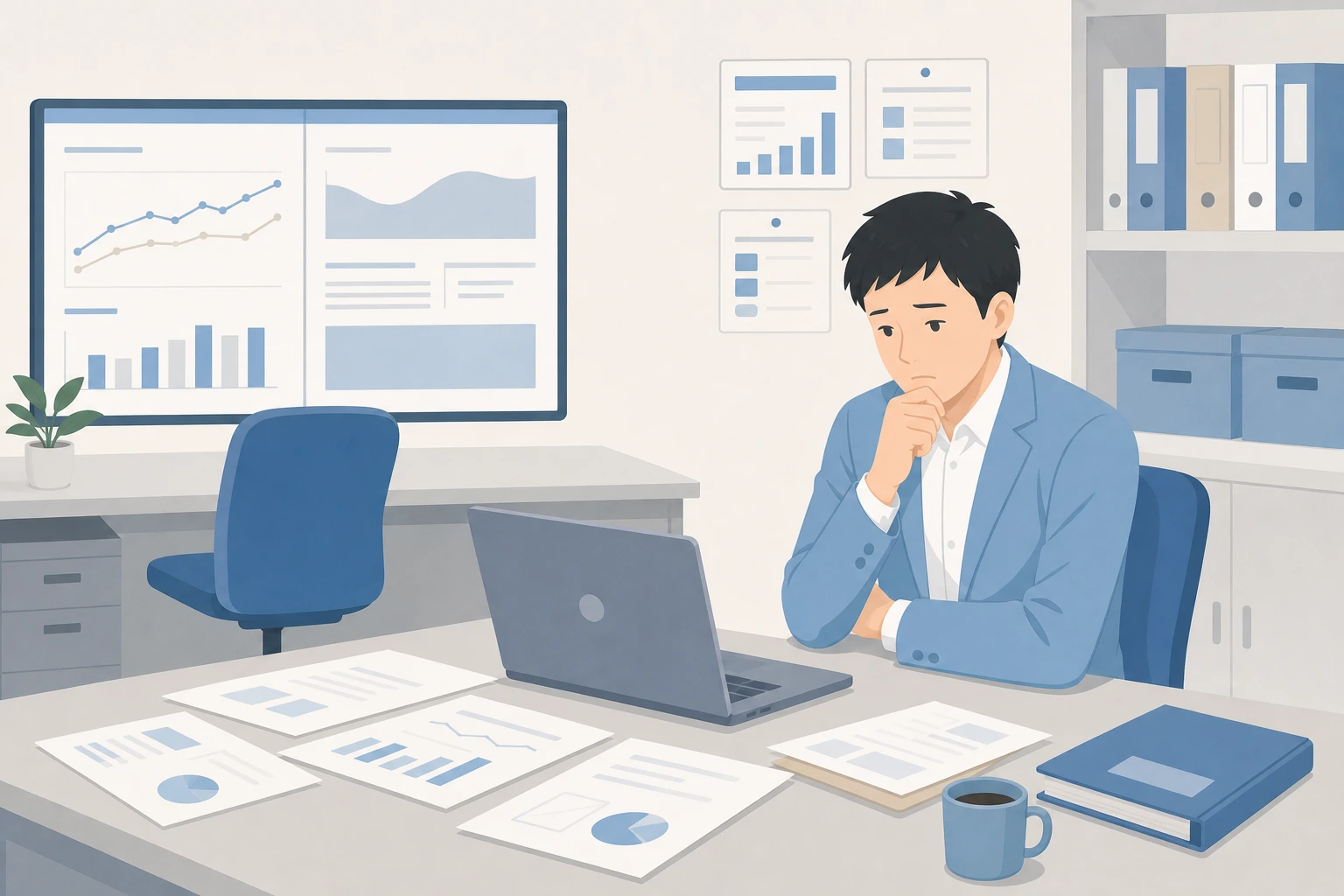 社内にデータサイエンス人材が足りずモデル運用が止まっている担当者のイラスト