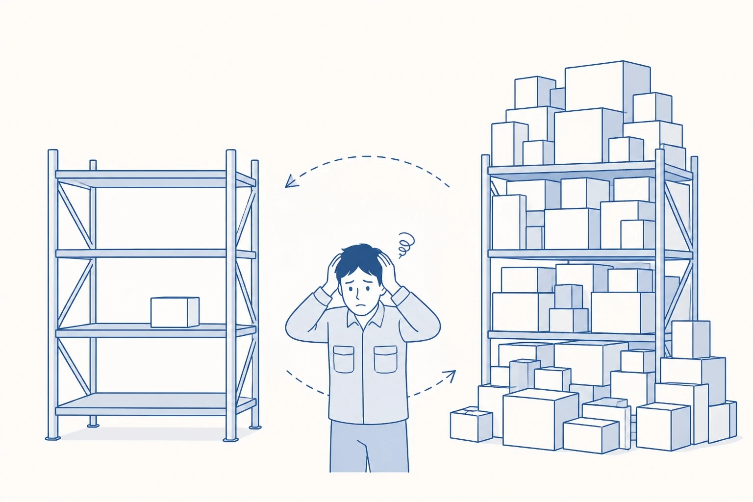 欠品と過剰在庫のあいだで振れ続ける在庫の様子を表したイラスト