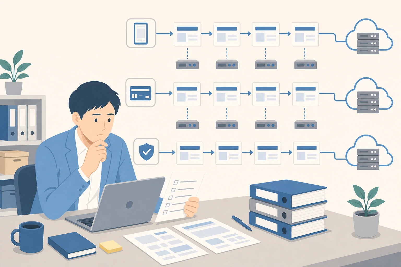 取引量増加に合わせたリリース頻度向上で、連鎖停止リスクを確認する担当者のイラスト