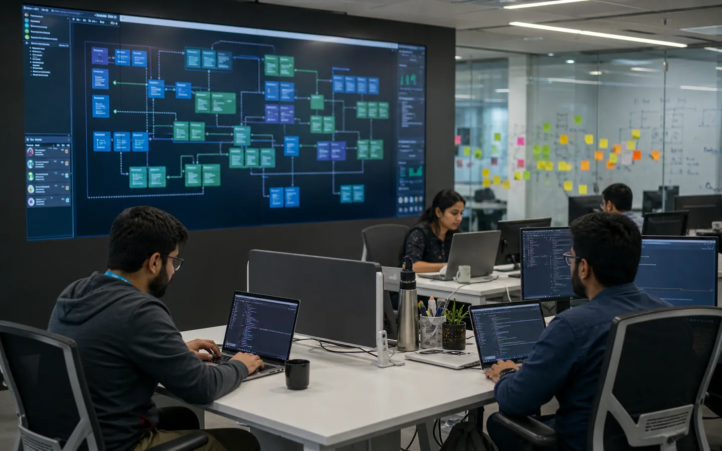 マイクロサービスのコンポーネント構成を表示したボードの前で、各自が独立に開発するDevOpsチームの写真