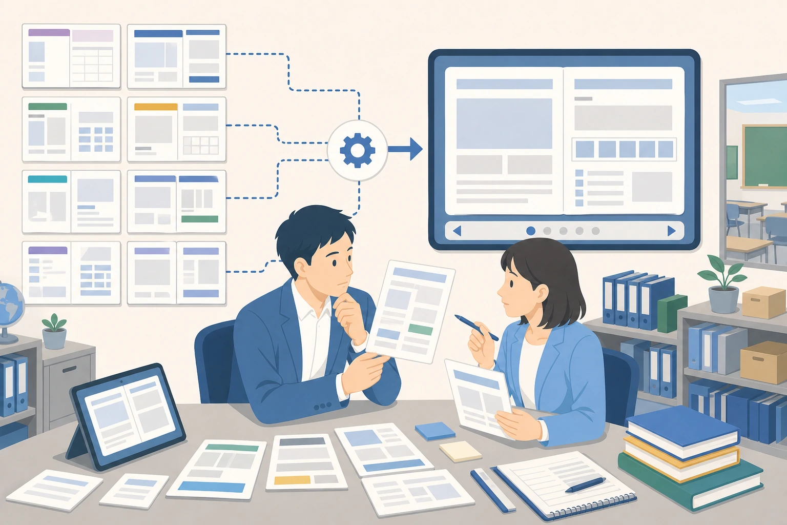 出版社ごとに異なる教科書コンテンツ形式を標準規格へ揃える担当者のイラスト