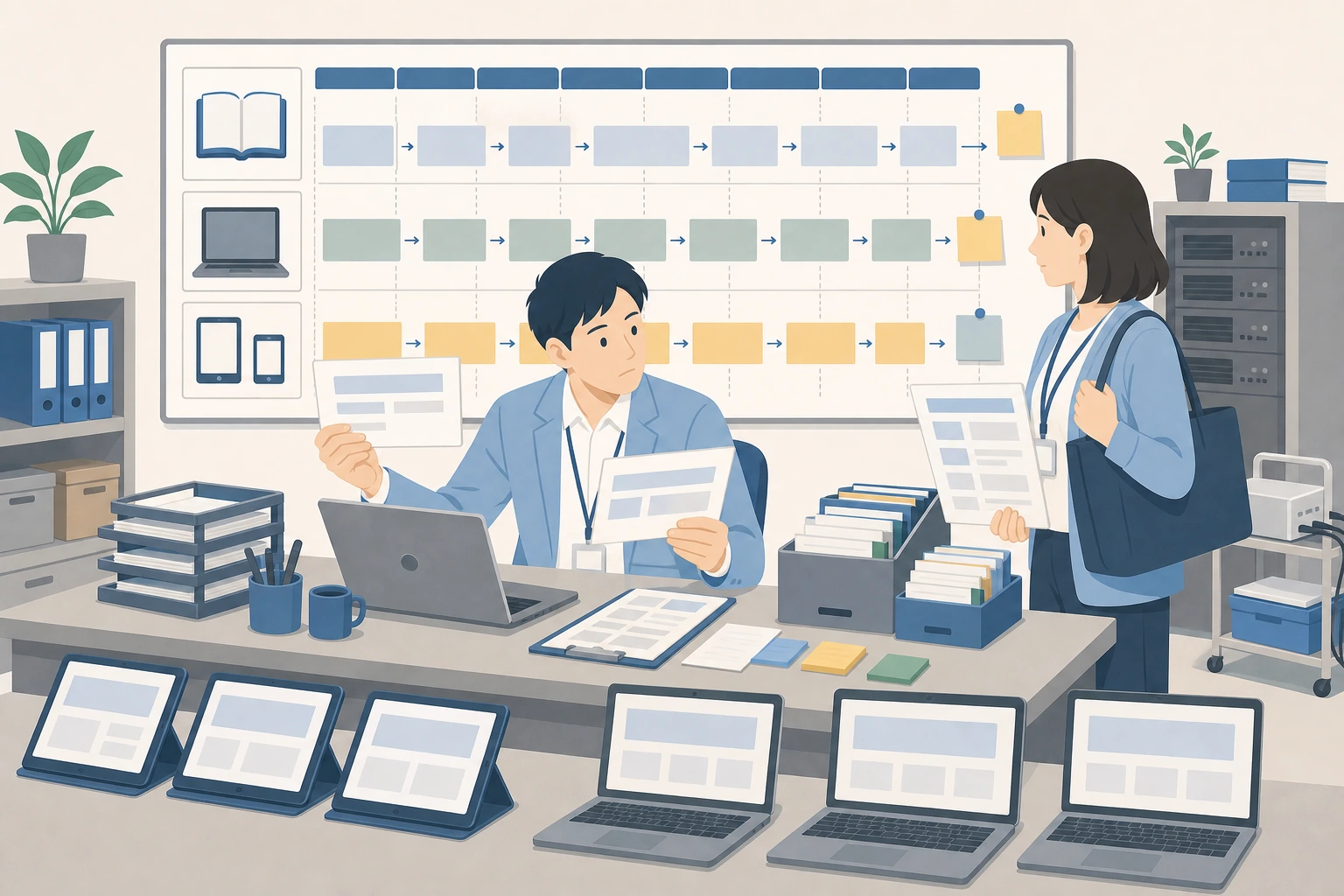 年度更新や端末更新に合わせてデジタル教科書を継続保守する担当者のイラスト