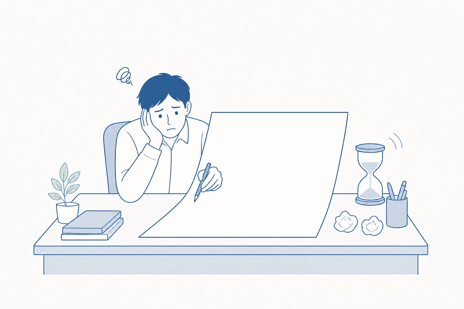 白紙のドキュメントを前に、どう書き始めるか悩んでいるイラスト