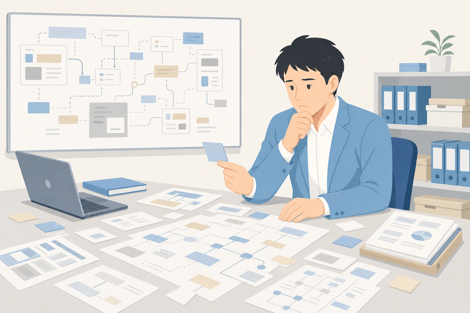 現状の業務とシステムの全体像が揃わず合意形成が止まっている担当者のイラスト