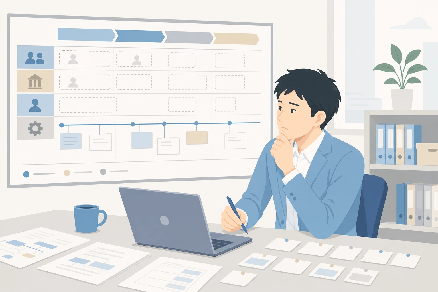 ロードマップはあるが推進する人や体制が揃わず動き出せない担当者のイラスト
