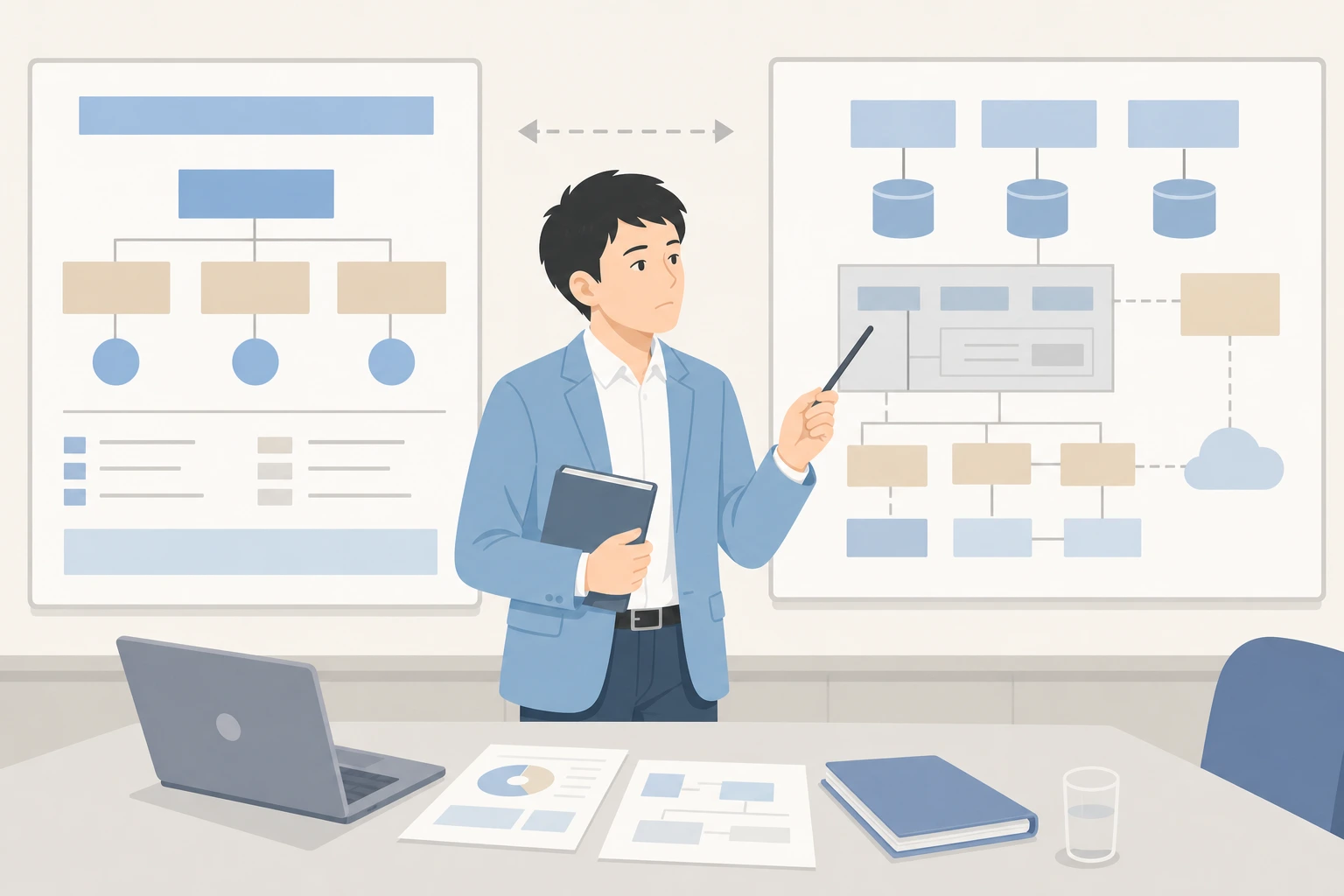 経営とITの間で共通言語がなく議論が噛み合わない会議のイラスト
