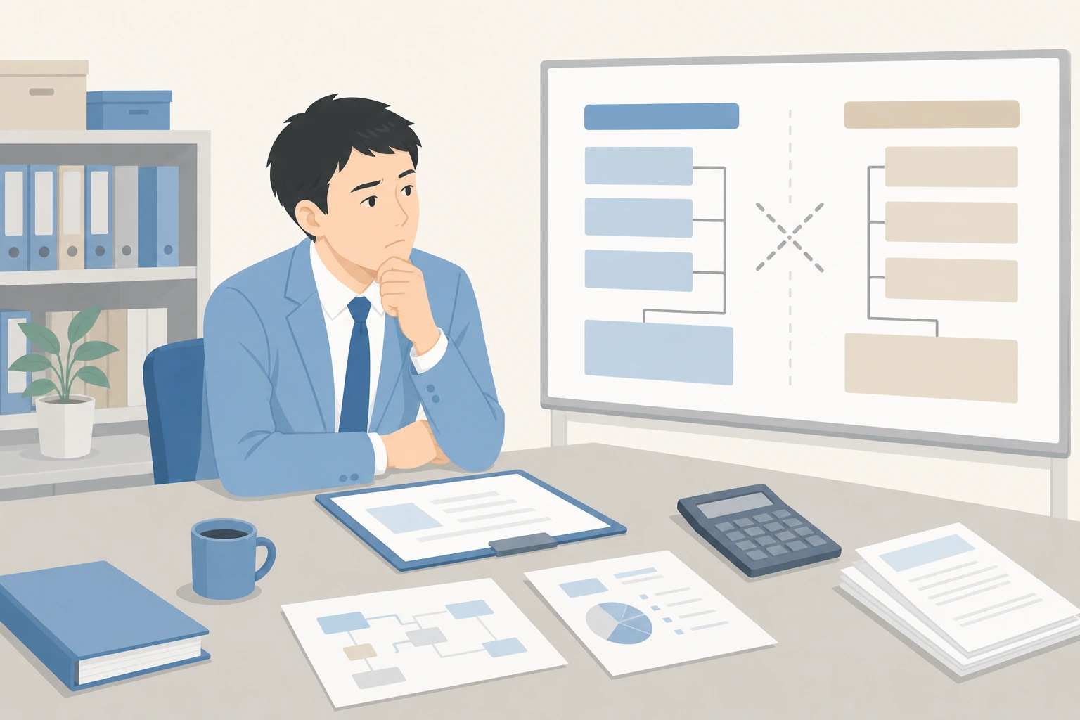 投資対効果を見積もれずDX投資の経営判断が降りない担当者のイラスト