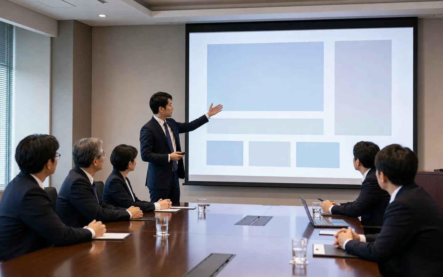 役員会議室で発表者が大型スクリーンに投影し、着席した役員に説明する写真