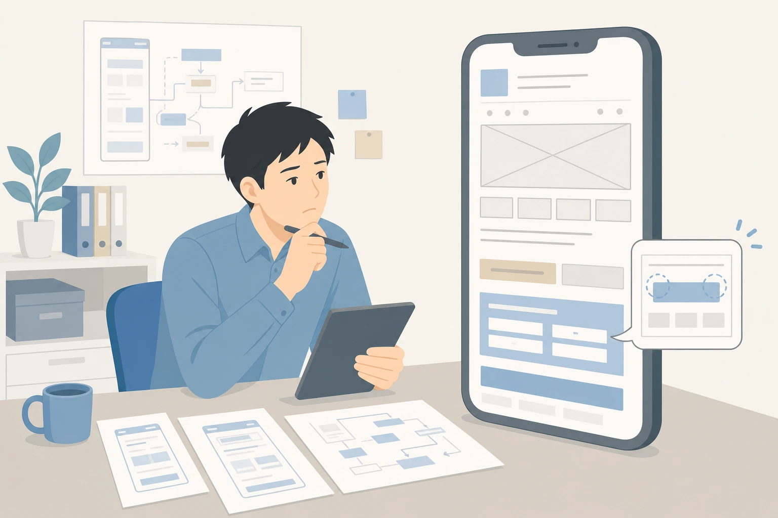 古いモバイル購入画面を見直しながらCVR低下に悩む担当者のイラスト