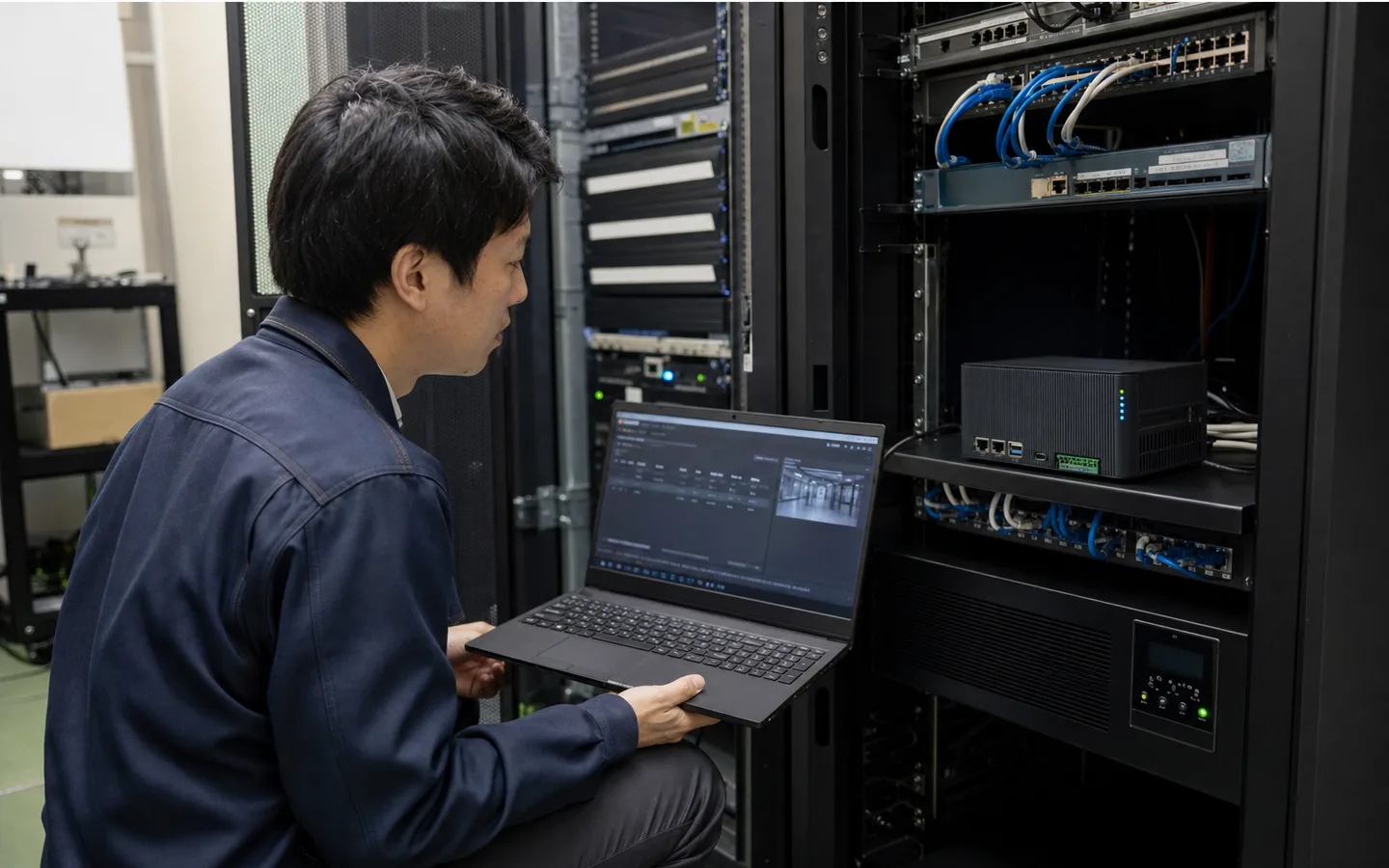 サーバーラック前でエンジニアがノートPCでエッジゲートウェイの設定を確認する写真