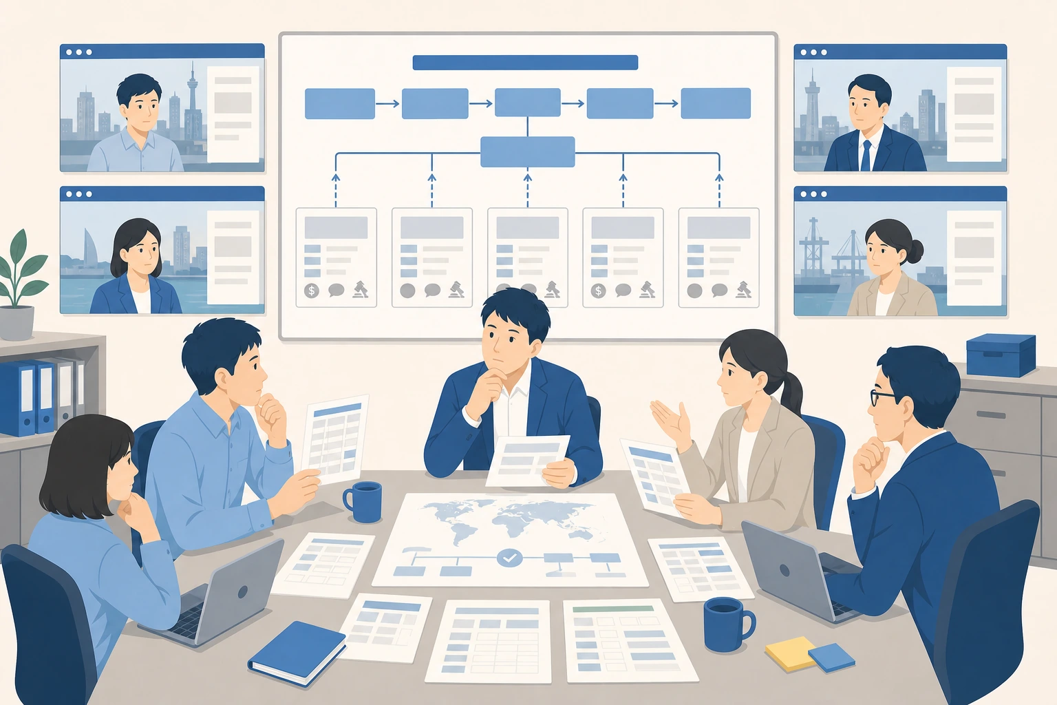 海外拠点との運用差異を吸収しながら全社統一運用を検討する担当者のイラスト