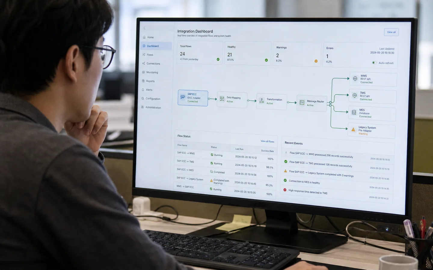iPaaS/EAIの管理コンソールでSAPと周辺システムのリアルタイム連携状況を確認する写真