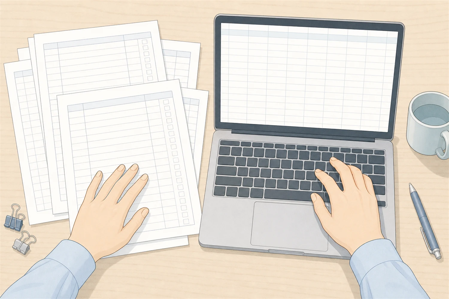 紙の点検票をPCに転記する手元のイラスト