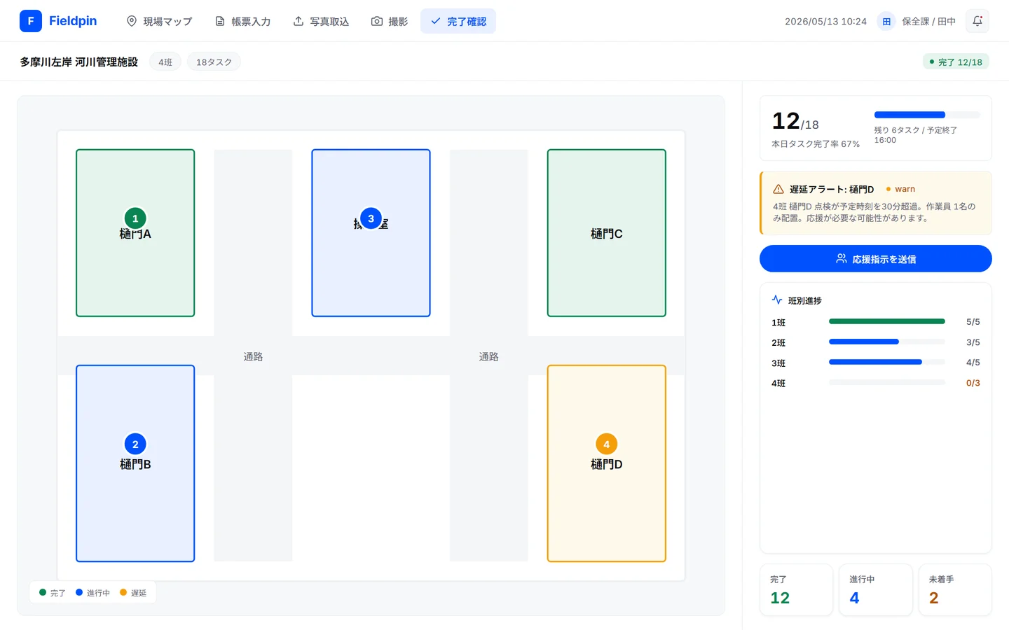 事務所ダッシュボード画面 — 平面図の作業班ピンと進捗・遅延パネル、応援指示の送信