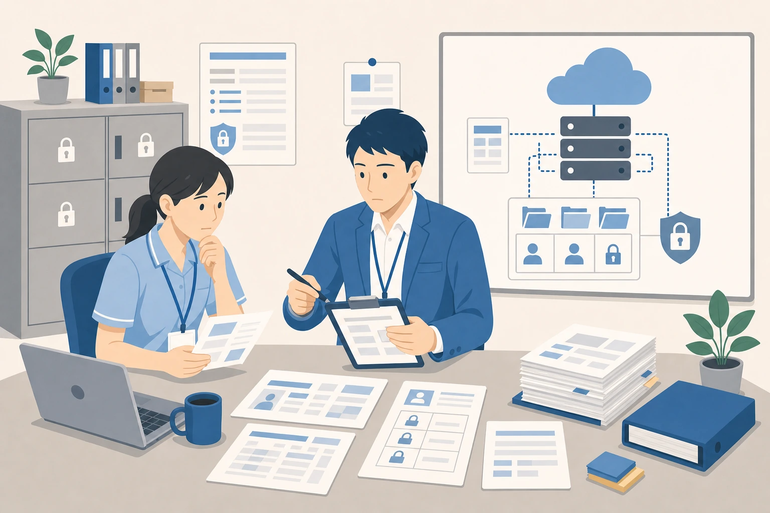 医療データをクラウドで扱うためガイドラインや個人情報保護を確認する担当者のイラスト