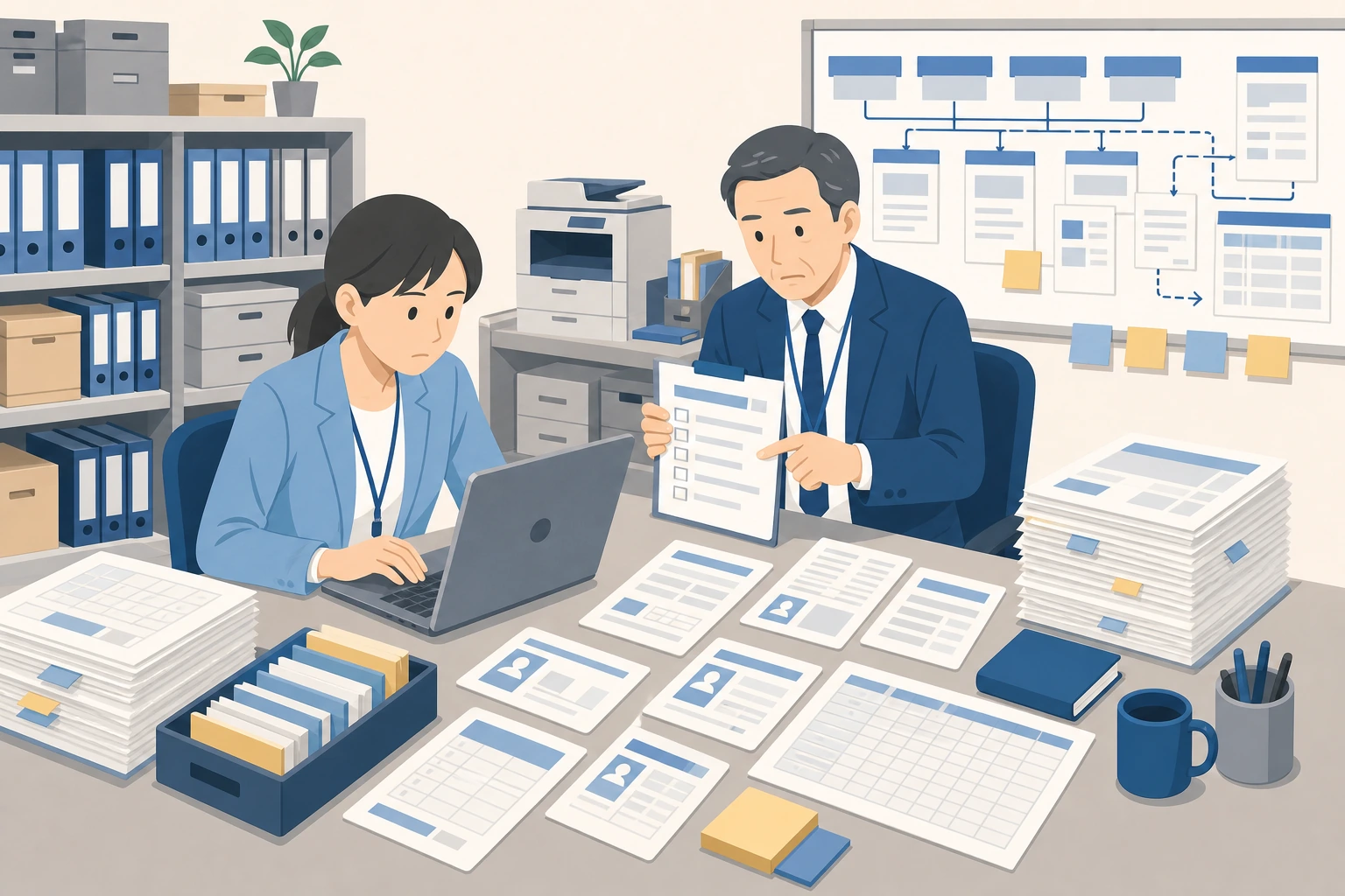 提出帳票や面談記録や支援業務を人手で確認し、属人化した運用に悩む担当者のイラスト