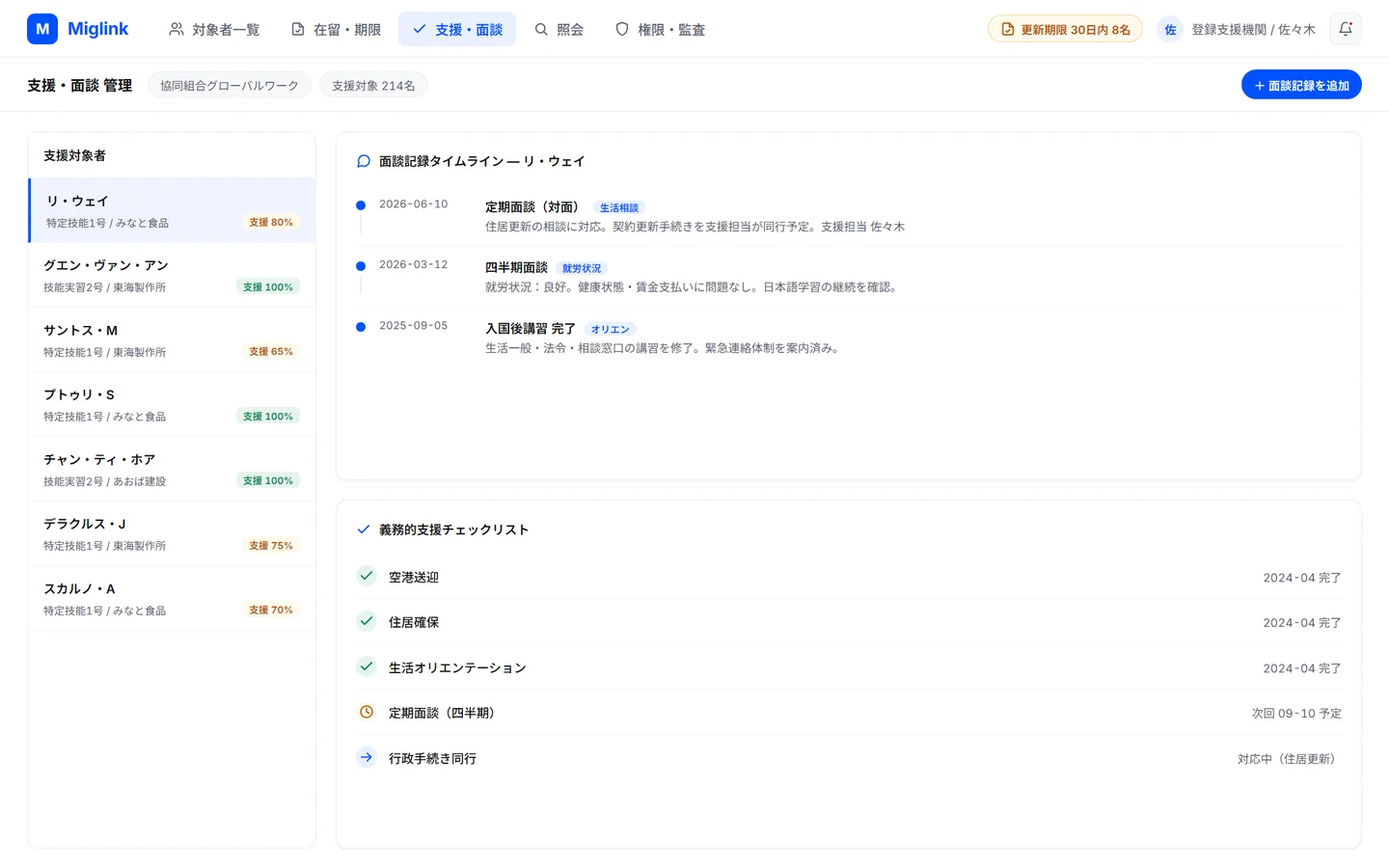 支援・面談画面 — 対象者ごとの面談記録タイムラインと、義務的支援業務のチェックリスト