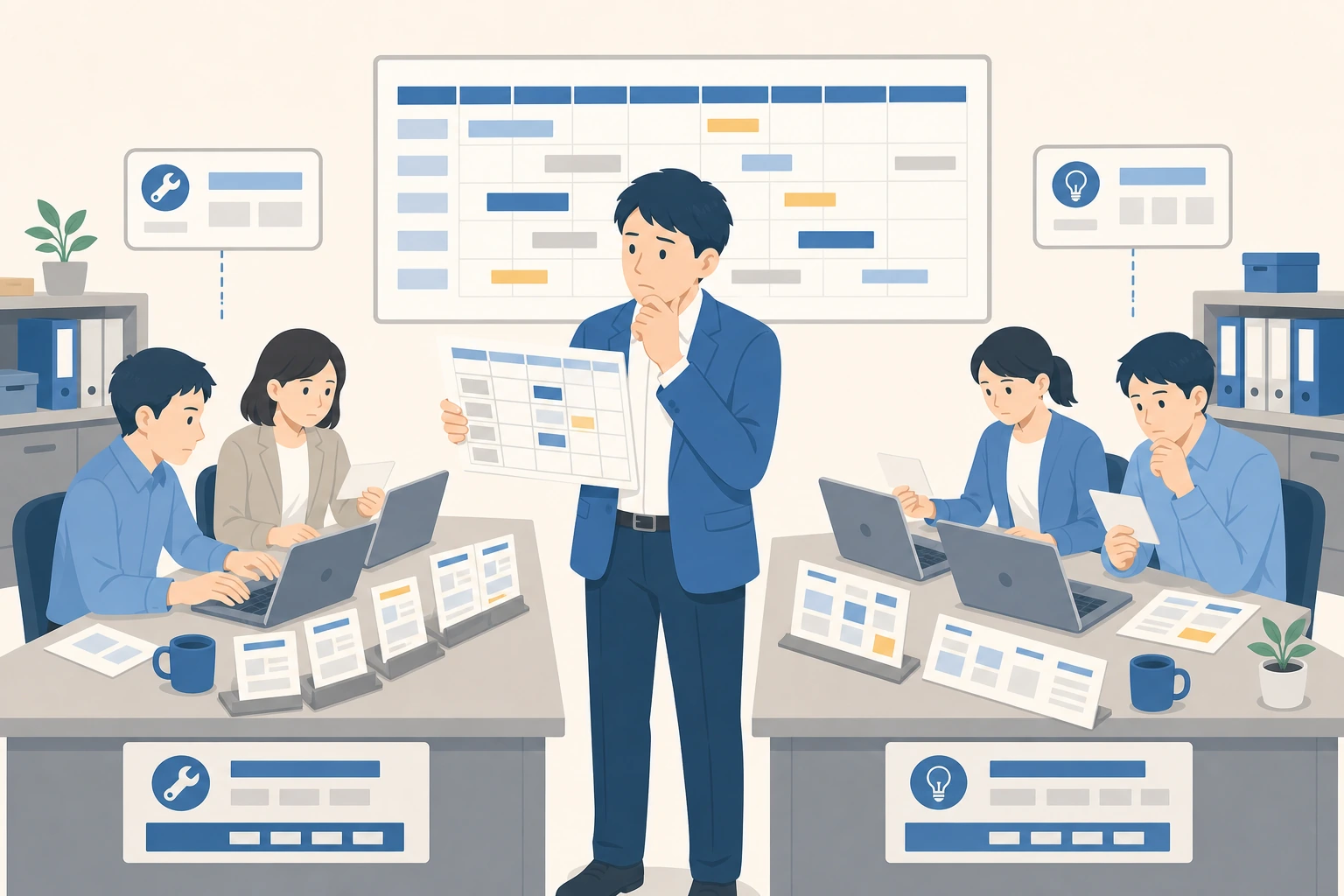 現行保守と新規開発が並走し、チーム間のリソース調整に悩む担当者のイラスト