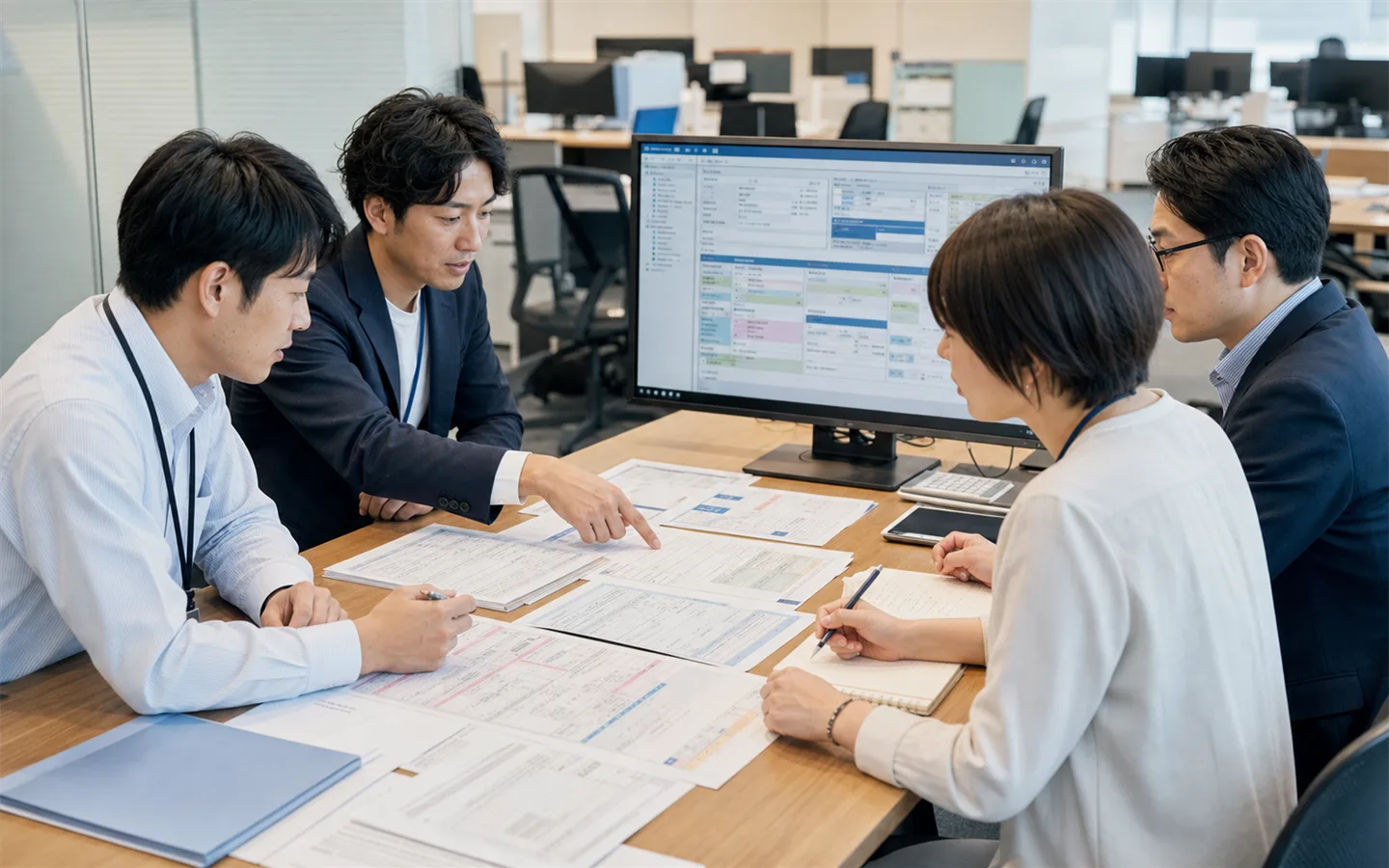 保険業務に詳しいPM・SE・業務アナリストが仕様書とモニターで要件をすり合わせる打ち合わせの写真
