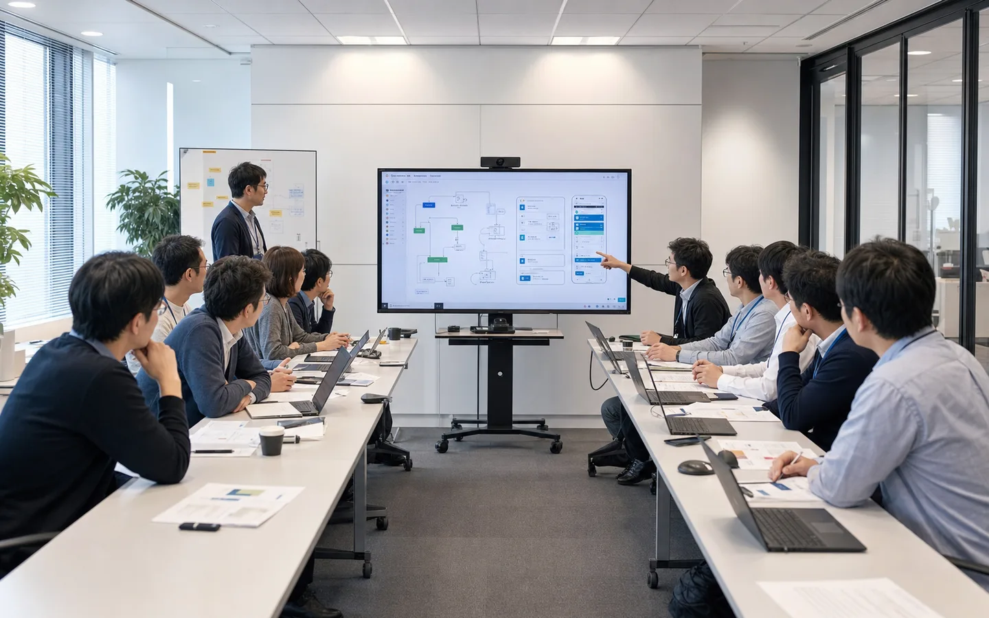 保守チームと新規開発チームが共通レビューボードを挟んで連携するレビュー会議の写真