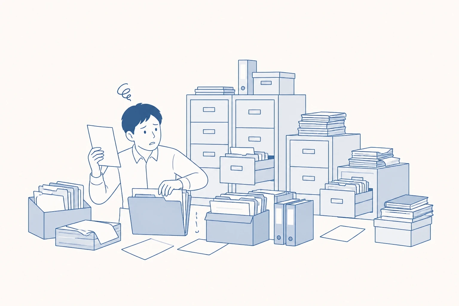大量のフォルダや書類の山の中から、目当ての一枚を探し出せずに困っているイラスト
