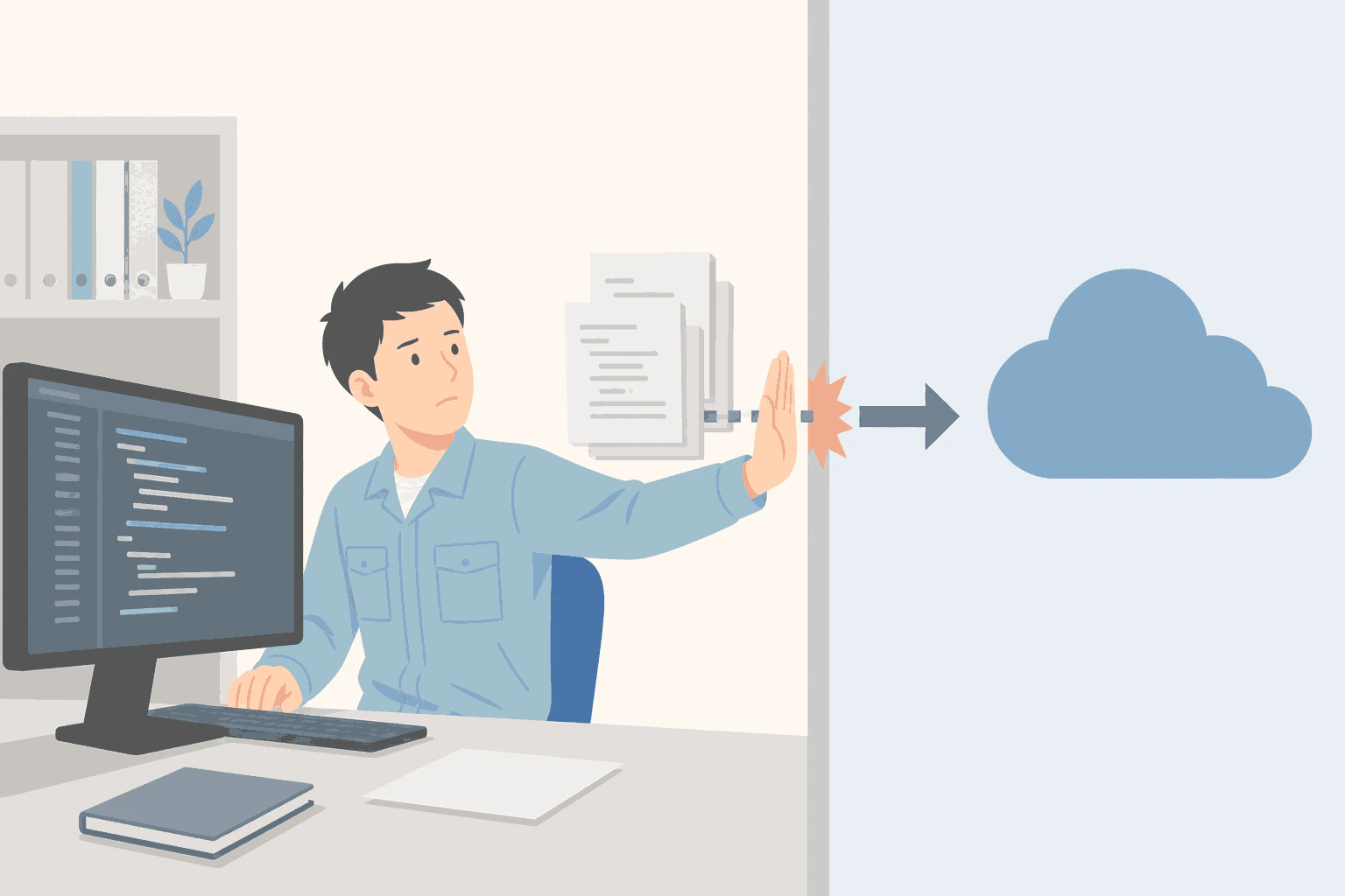 社内のソースコードが外部クラウドへ出ることをためらうイラスト
