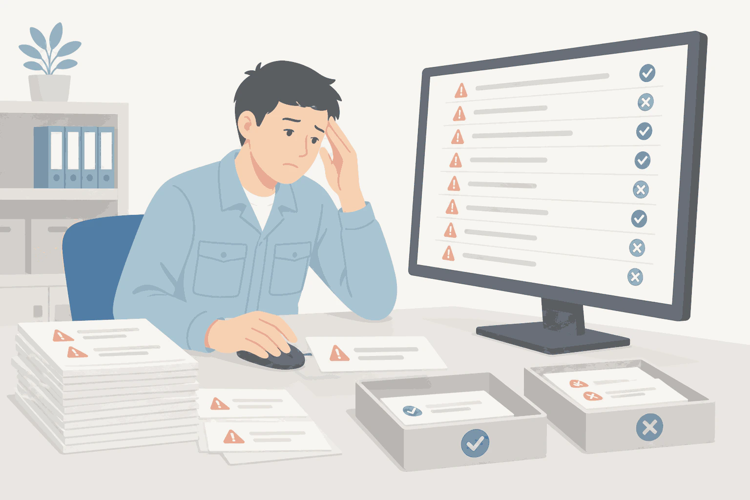 大量の警告アラートを人が一件ずつ選り分けているイラスト