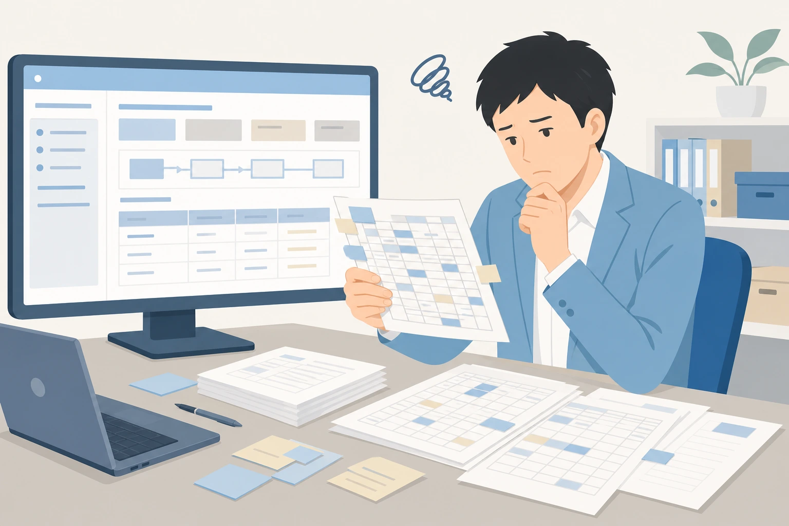 全社ツールでは細かな業務に合わせきれずExcel運用が残っている担当者のイラスト