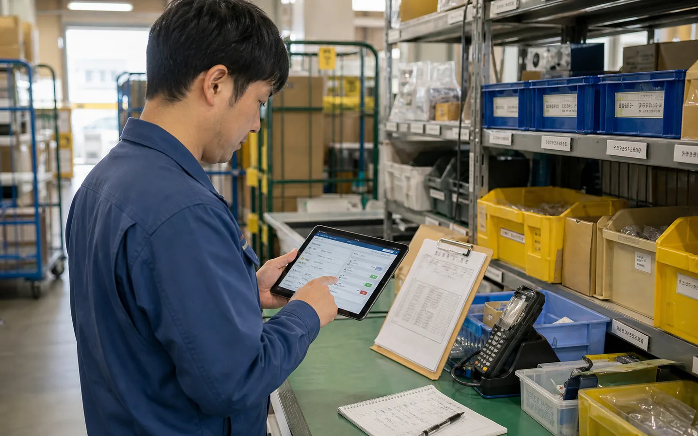 倉庫のバックヤードで担当者がタブレットの自作業務アプリを使い作業改善する写真
