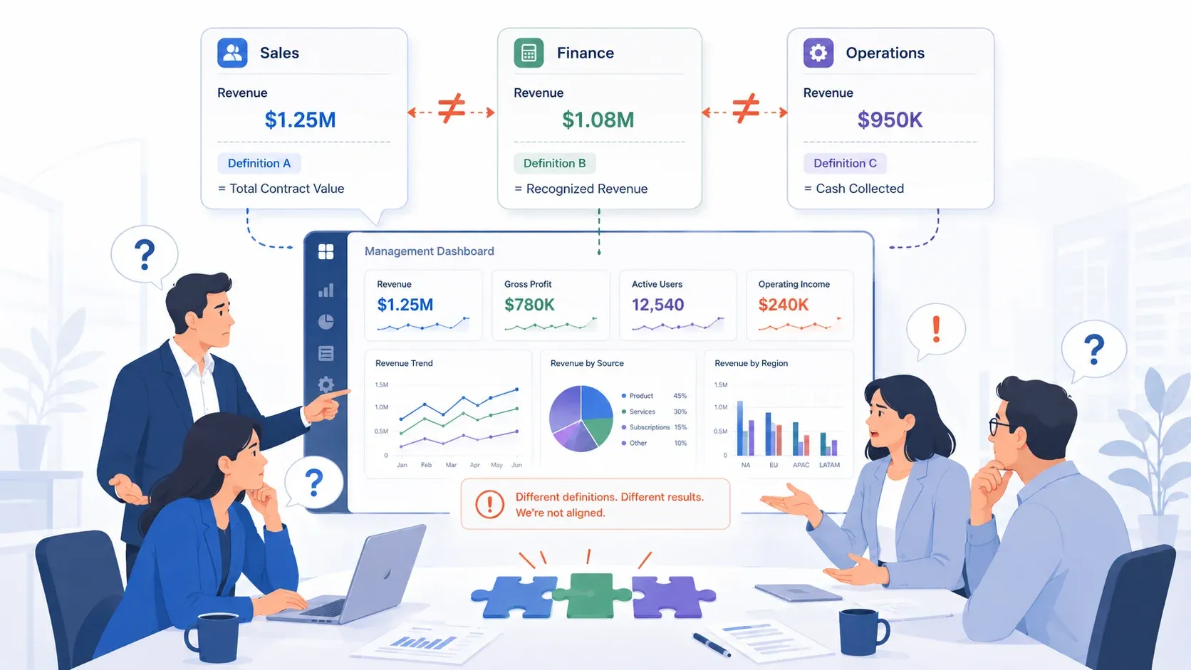Sales / Finance / Operations が別々の売上数字を提示し、定義が揃わずに会議が紛糾しているイラスト